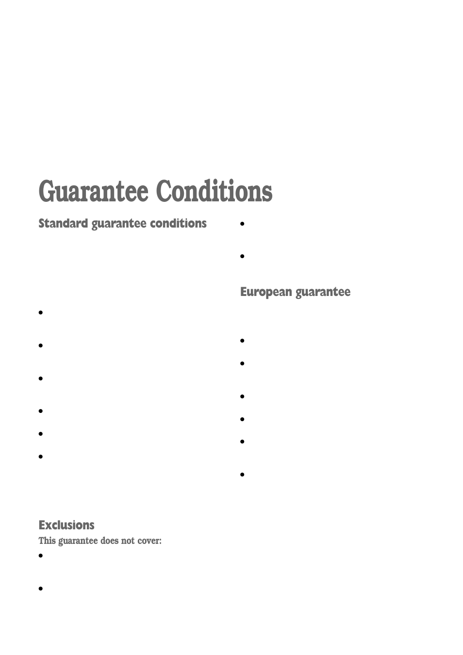 Guarantee conditions, Standard guarantee conditions, Exclusions | European guarantee | Zanussi ZWD 1472 S User Manual | Page 24 / 30