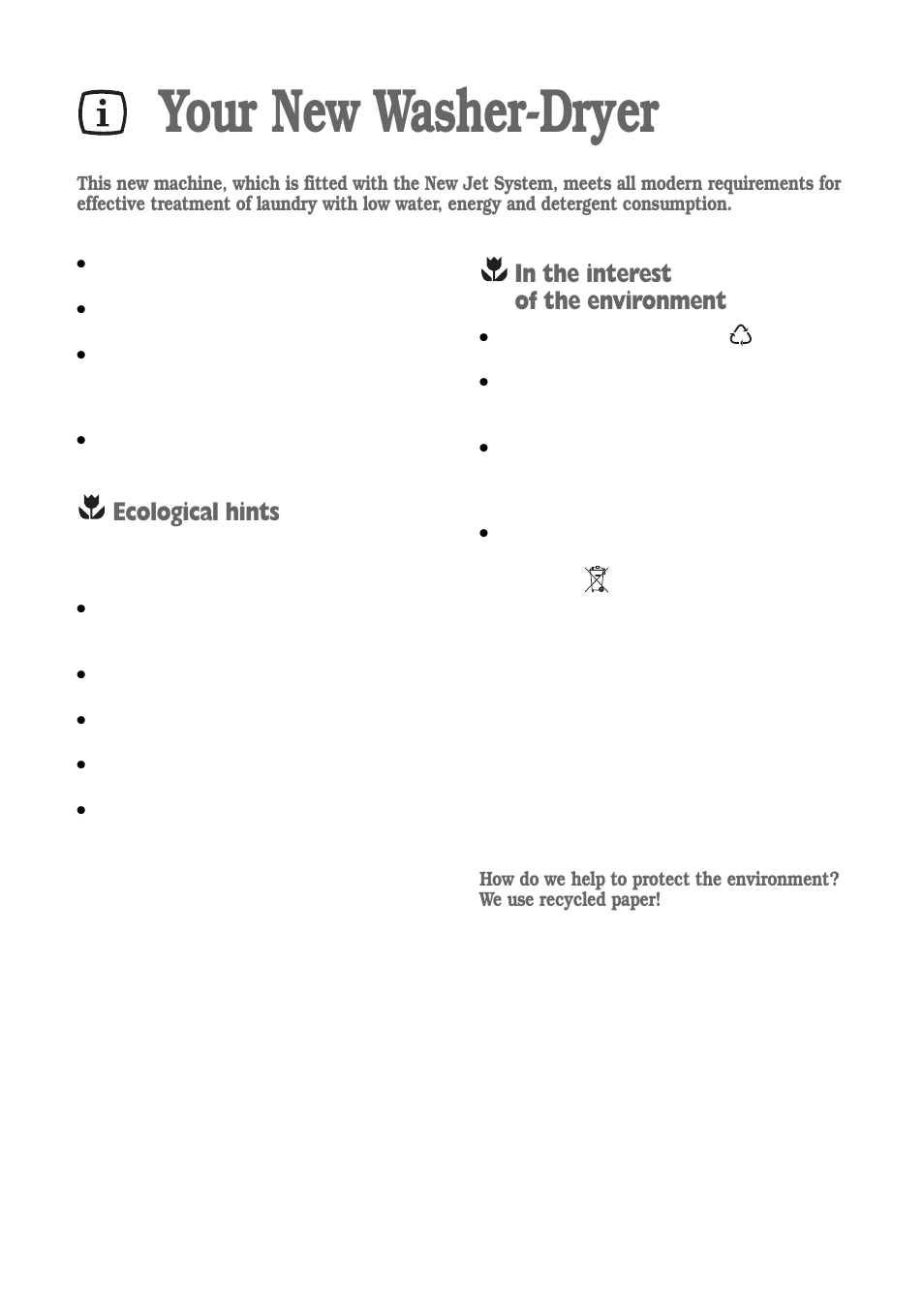 Your new washer-dryer, Ecological hints | Zanussi ZWD 1472 S User Manual | Page 4 / 30