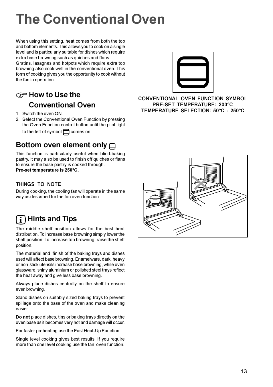 The conventional oven, How to use the conventional oven, Bottom oven element only | Hints and tips | Zanussi ZBQ 965 User Manual | Page 13 / 28