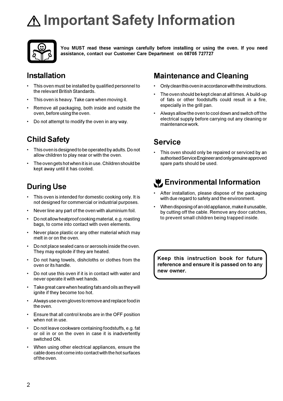 Important safety information, Installation, Child safety | During use, Maintenance and cleaning, Service, Environmental information | Zanussi ZBQ 965 User Manual | Page 2 / 28