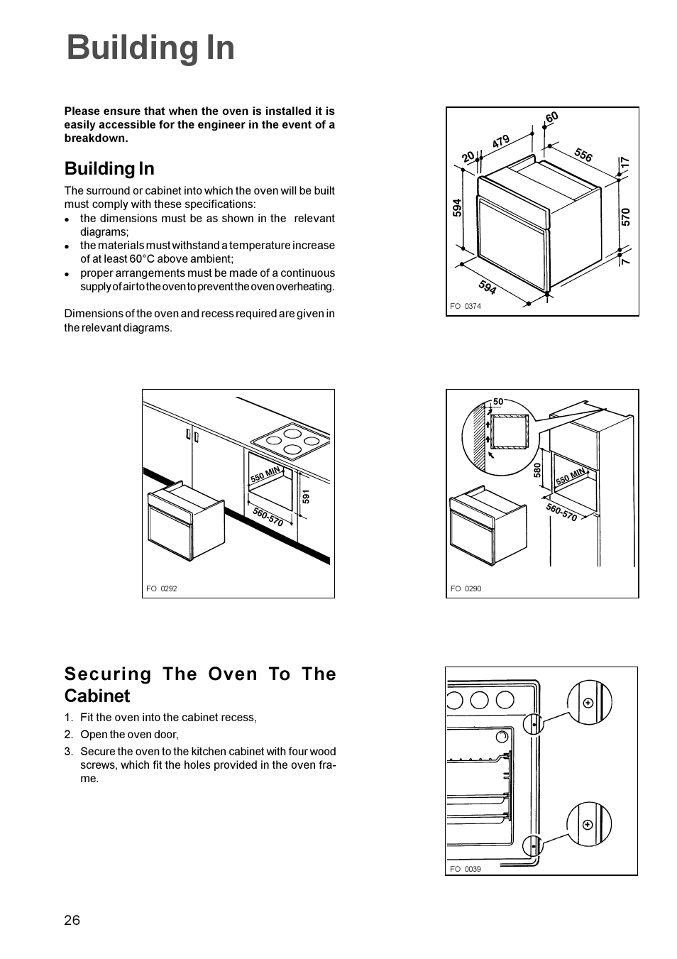 Building in, Securing the oven to the cabinet | Zanussi ZBQ 965 User Manual | Page 26 / 28