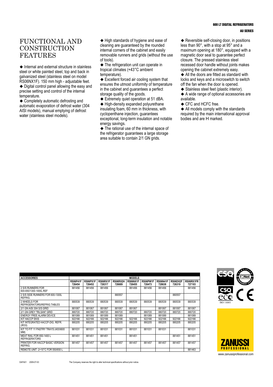 Zanussi, Functional and construction features, Extremely quiet operation at 51 dba | Stainless steel feet (plastic interior), A wide range of optional accessories are available, Cfc and hcfc free | Zanussi 726452 User Manual | Page 2 / 5