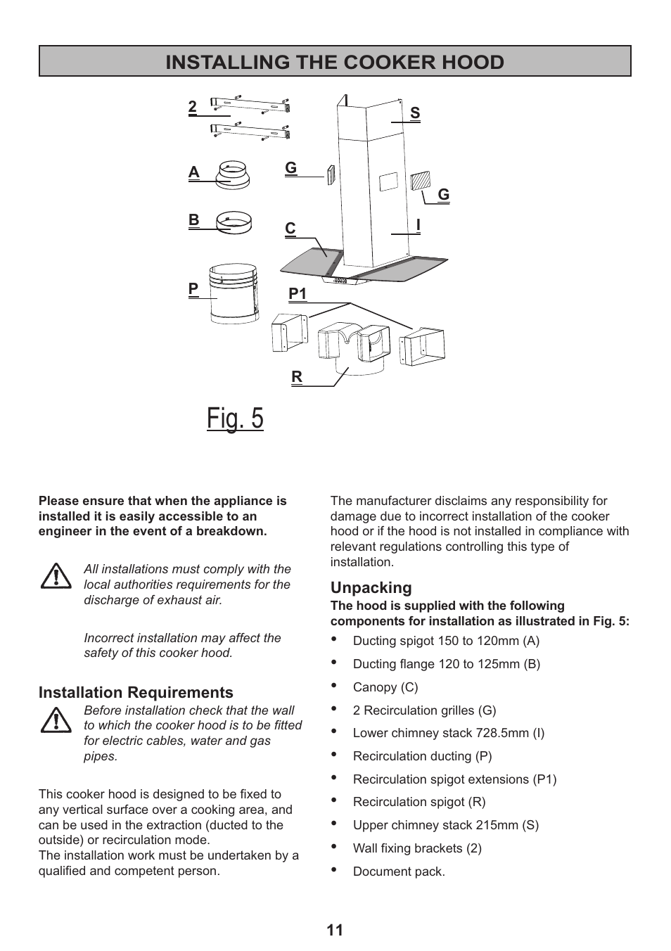 Fig. 5, Installing the cooker hood | Zanussi ZHC 925 User Manual | Page 11 / 20