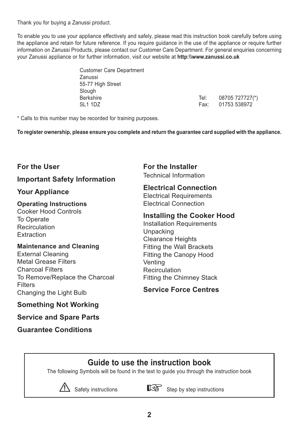Guide to use the instruction book | Zanussi ZHC 925 User Manual | Page 2 / 20