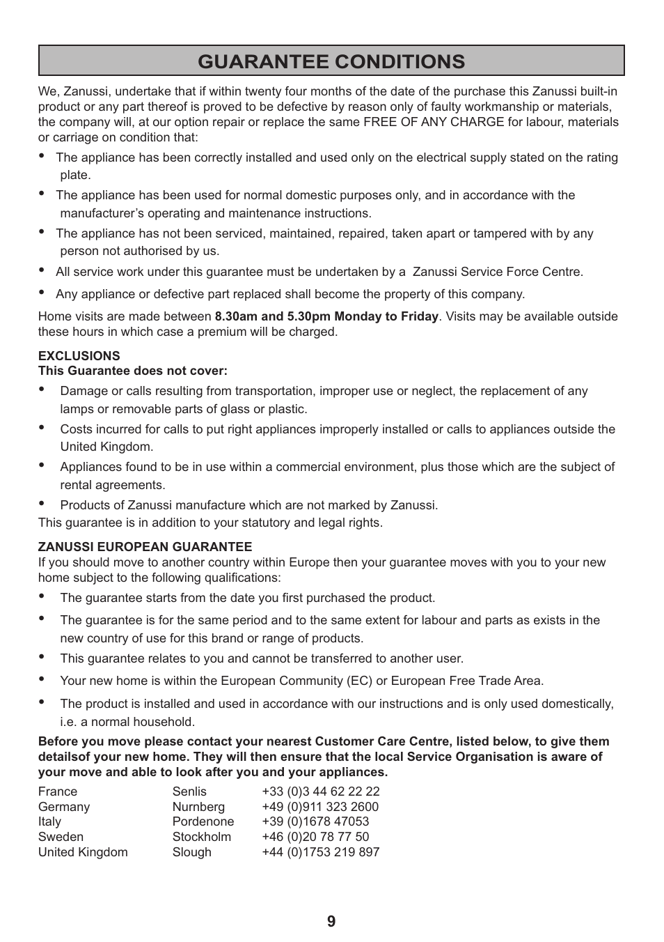Guarantee conditions | Zanussi ZHC 925 User Manual | Page 9 / 20
