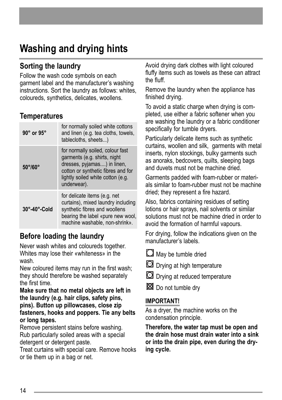 Washing and drying hints, Sorting the laundry, Temperatures before loading the laundry | Zanussi ZWD 12270 S1 User Manual | Page 14 / 36