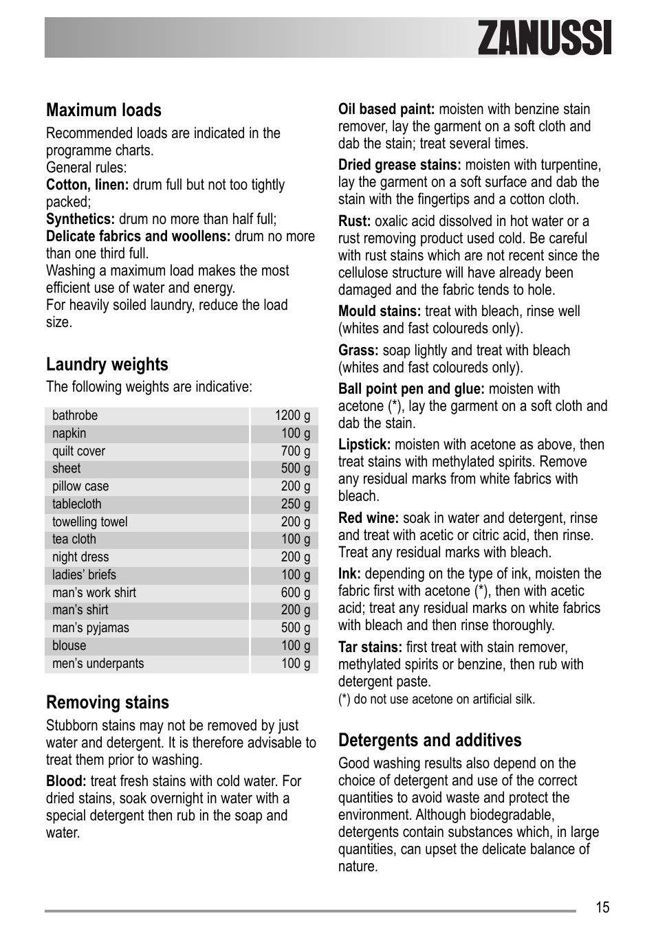 Maximum loads, Laundry weights, Removing stains | Detergents and additives | Zanussi ZWD 12270 S1 User Manual | Page 15 / 36