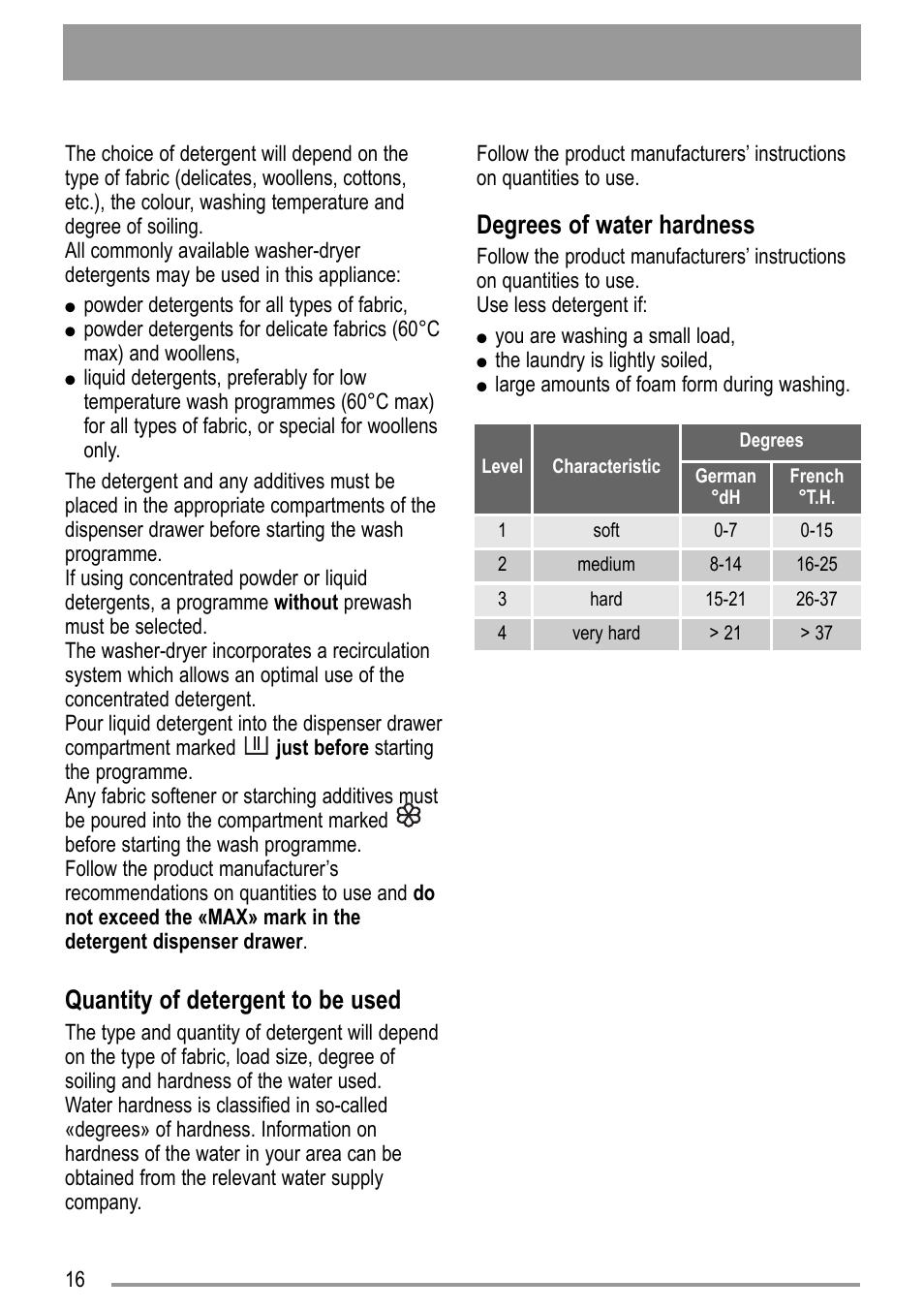 Quantity of detergent to be used, Degrees of water hardness | Zanussi ZWD 12270 S1 User Manual | Page 16 / 36