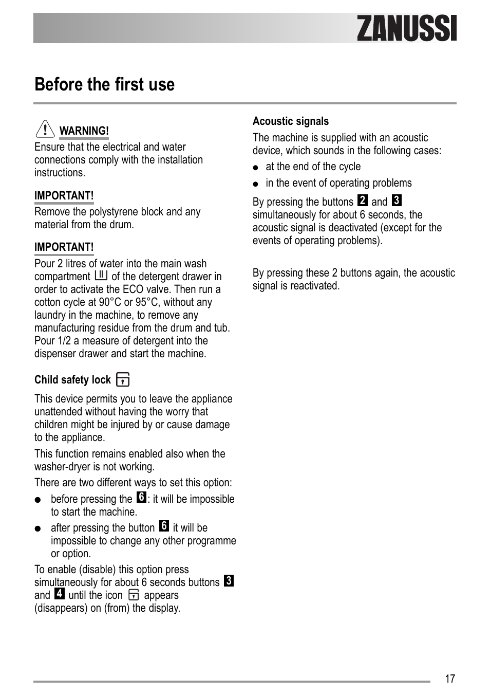 Before the first use | Zanussi ZWD 12270 S1 User Manual | Page 17 / 36