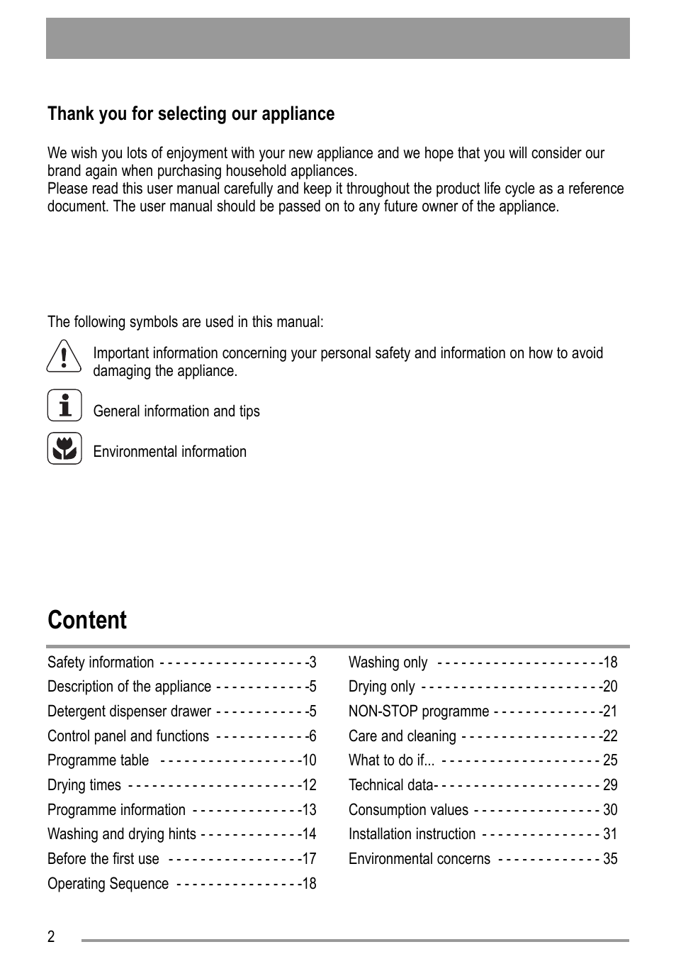 Content | Zanussi ZWD 12270 S1 User Manual | Page 2 / 36