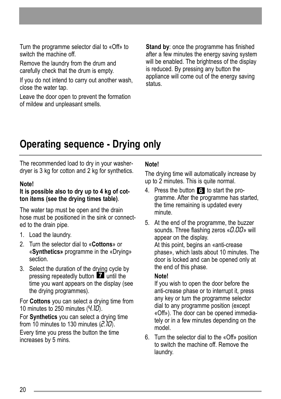 Operating sequence - drying only | Zanussi ZWD 12270 S1 User Manual | Page 20 / 36