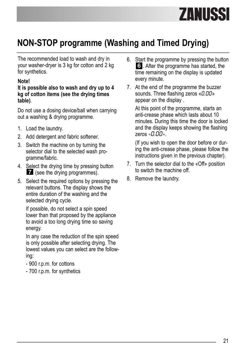 Non-stop programme (washing and timed drying) | Zanussi ZWD 12270 S1 User Manual | Page 21 / 36