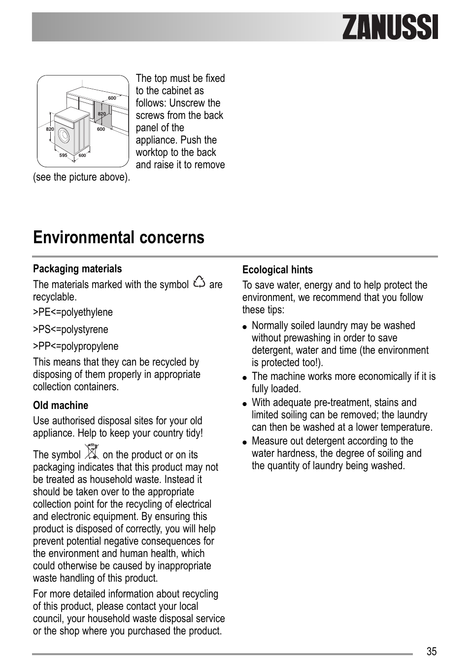 Environmental concerns | Zanussi ZWD 12270 S1 User Manual | Page 35 / 36