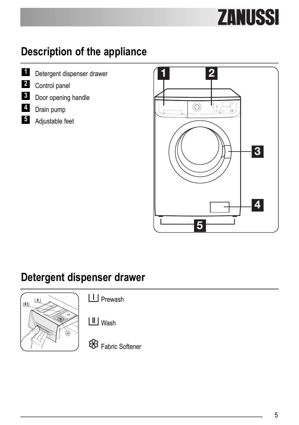 Description of the appliance, Detergent dispenser drawer | Zanussi ZWD 12270 S1 User Manual | Page 5 / 36