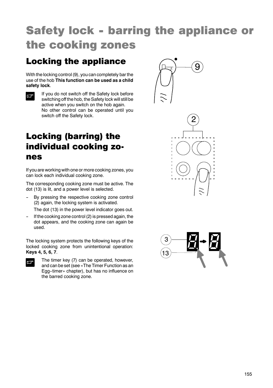 Locking the appliance, Locking (barring) the individual cooking zo- nes | Zanussi ZKT 662 LN User Manual | Page 12 / 25