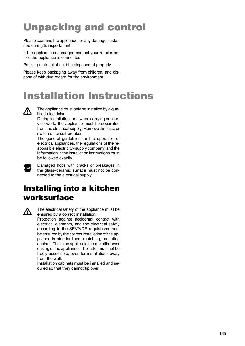 Unpacking and control, Installation instructions, Installing into a kitchen worksurface | Zanussi ZKT 662 LN User Manual | Page 22 / 25