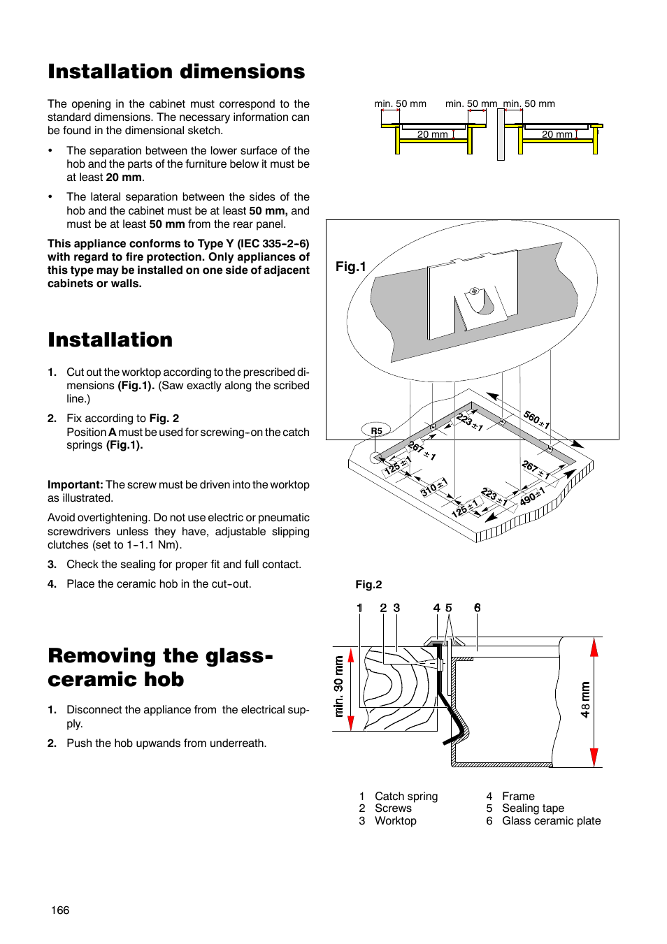 Installation dimensions, Installation, Removing the glass-- ceramic hob | Zanussi ZKT 662 LN User Manual | Page 23 / 25