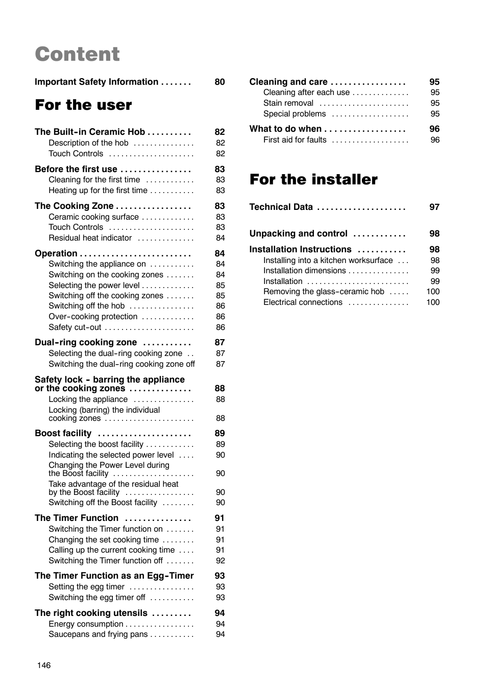 Content, For the user, For the installer | Zanussi ZKT 662 LN User Manual | Page 3 / 25