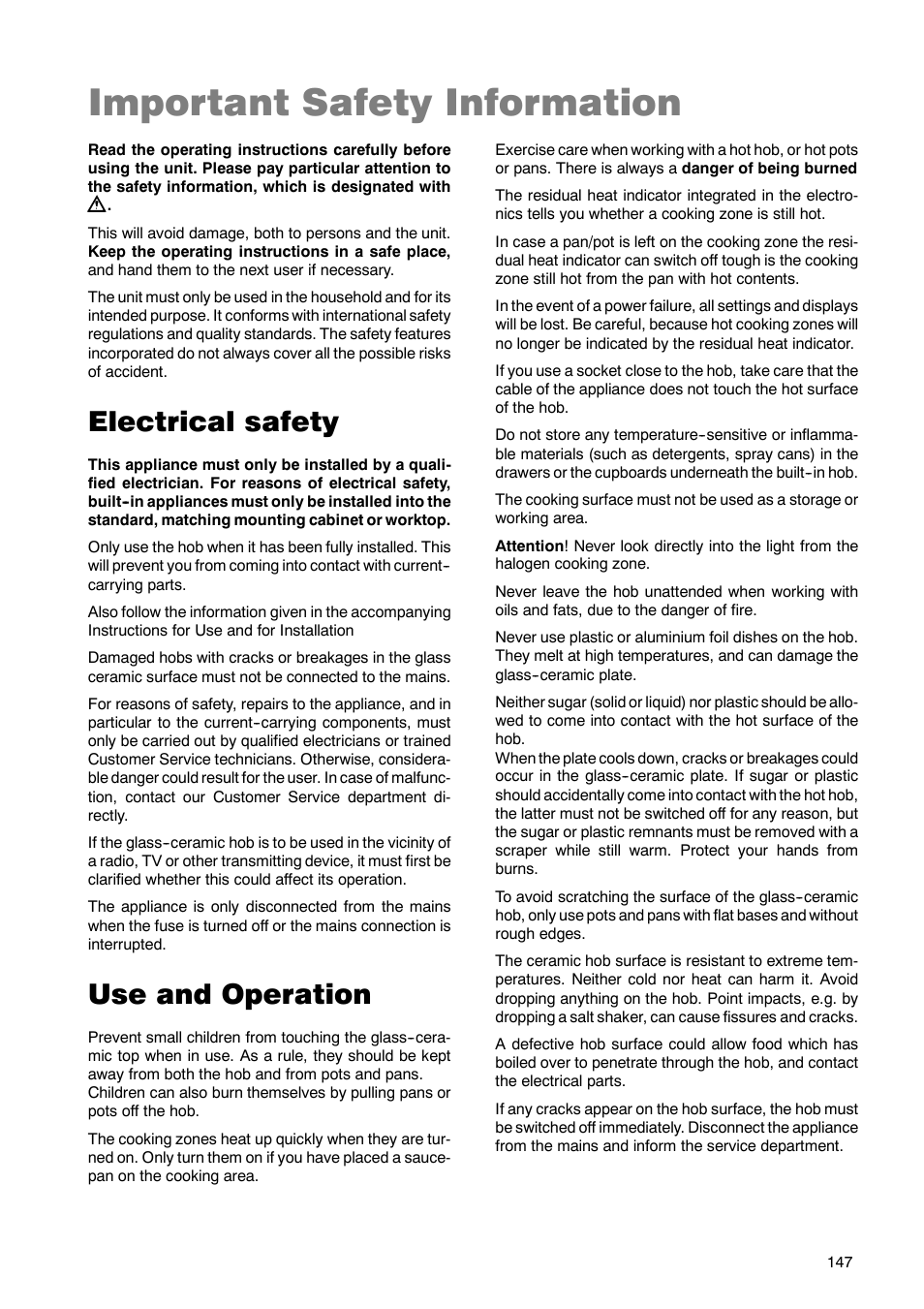 Important safety information, Electrical safety, Use and operation | Zanussi ZKT 662 LN User Manual | Page 4 / 25