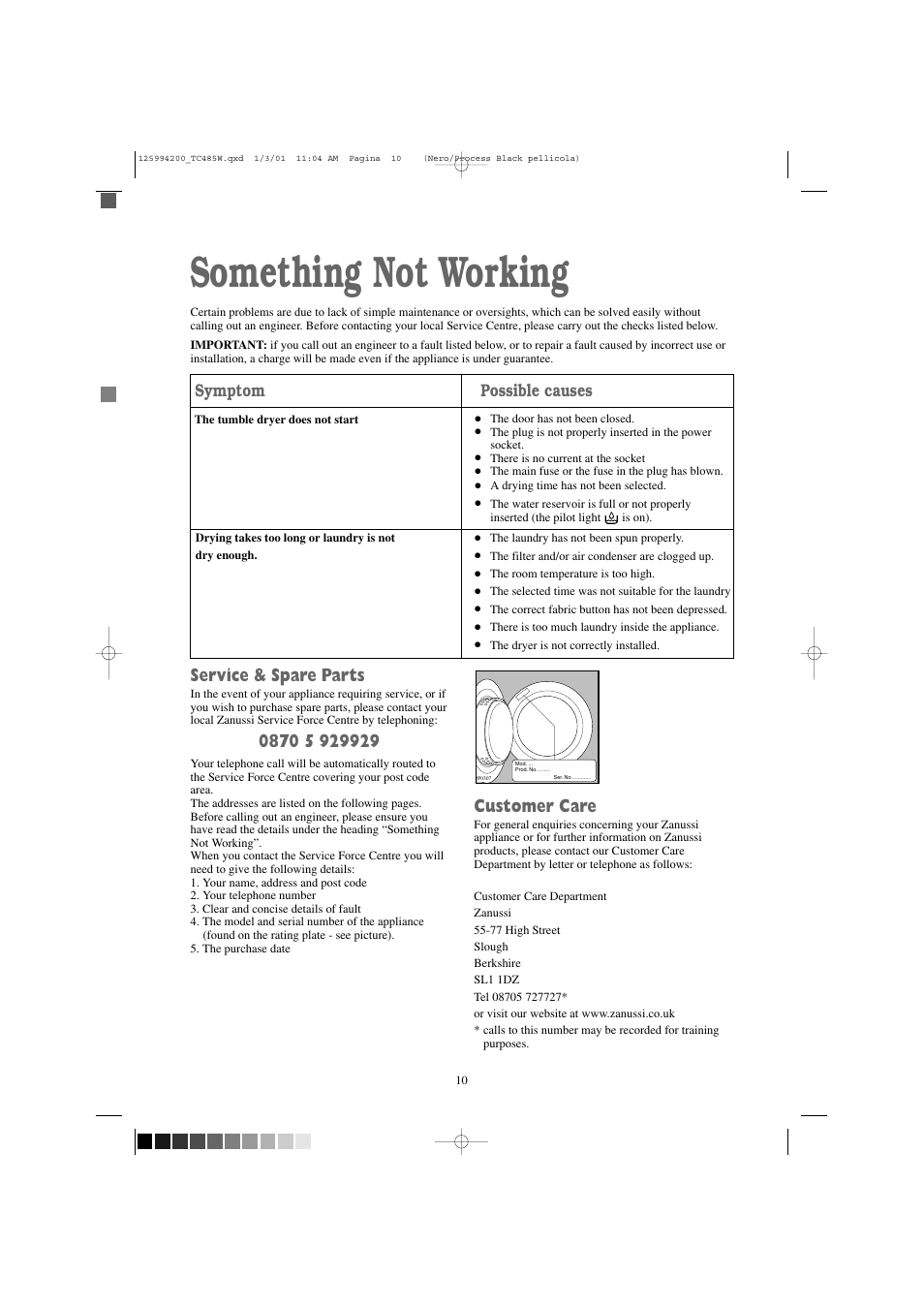 Something not working, Service & spare parts, Customer care | Symptom possible causes | Zanussi TC 485 W User Manual | Page 10 / 18