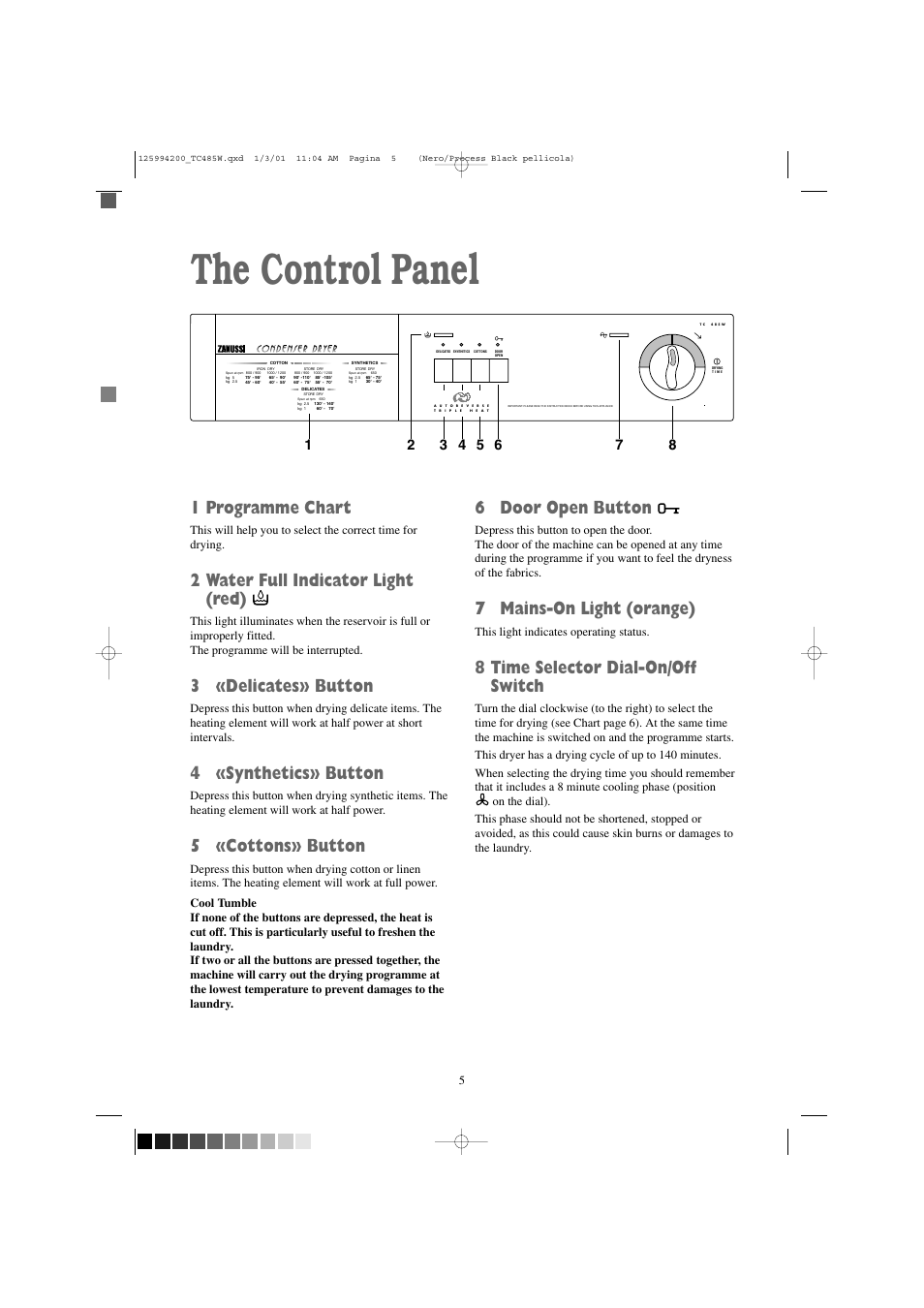 The control panel, 1 programme chart, 2 water full indicator light (red) | 3 «delicates» button, 4 «synthetics» button, 5 «cottons» button, 6 door open button, 7 mains-on light (orange), 8 time selector dial-on/off switch | Zanussi TC 485 W User Manual | Page 5 / 18