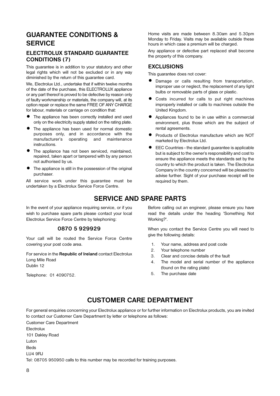 Guarantee conditions & service, Customer care department, Service and spare parts | Zanussi ZFC 35 SI User Manual | Page 8 / 12