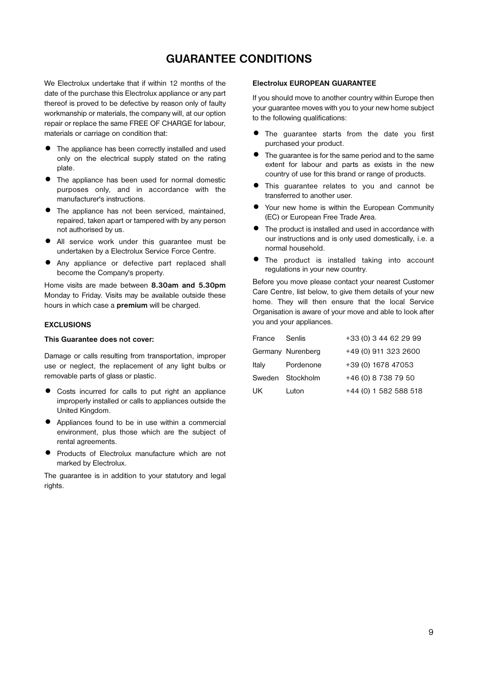 Guarantee conditions | Zanussi ZFC 35 SI User Manual | Page 9 / 12