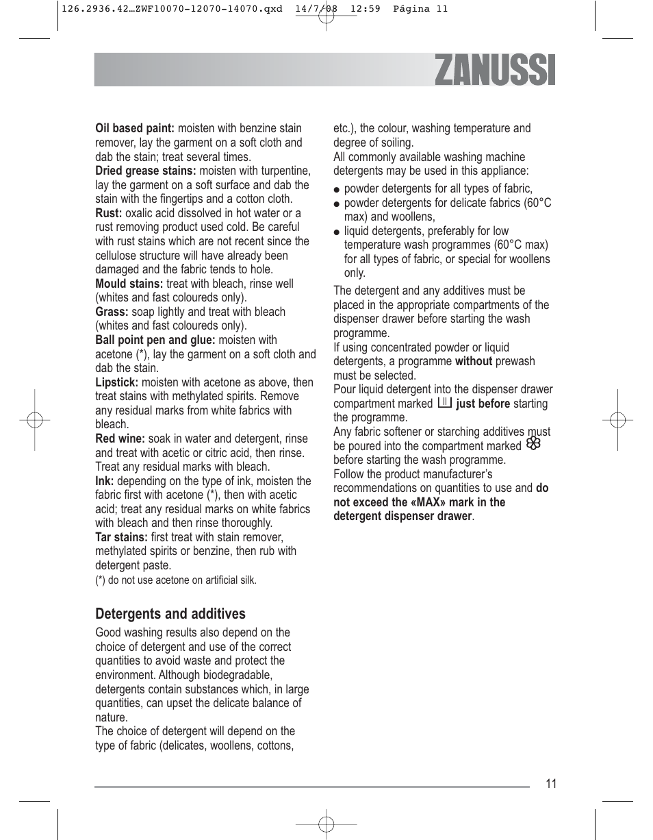 Detergents and additives | Zanussi ZWF 14070W1 User Manual | Page 11 / 32