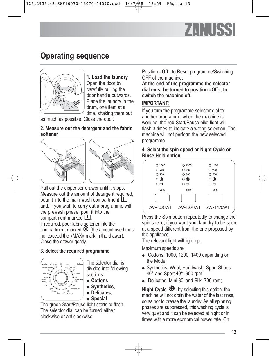 Operating sequence, Cottons, Synthetics | Delicates | Zanussi ZWF 14070W1 User Manual | Page 13 / 32