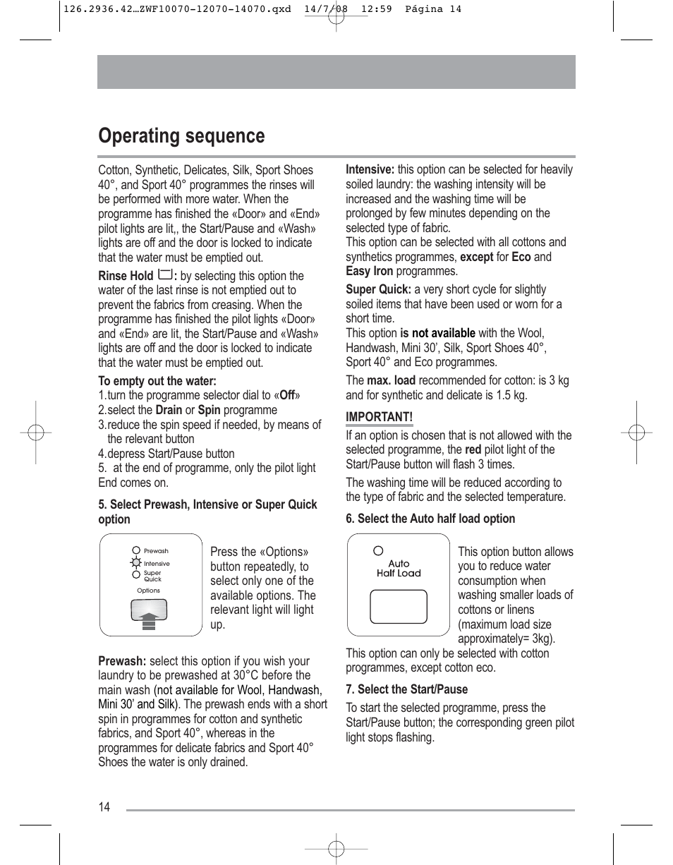 Operating sequence | Zanussi ZWF 14070W1 User Manual | Page 14 / 32