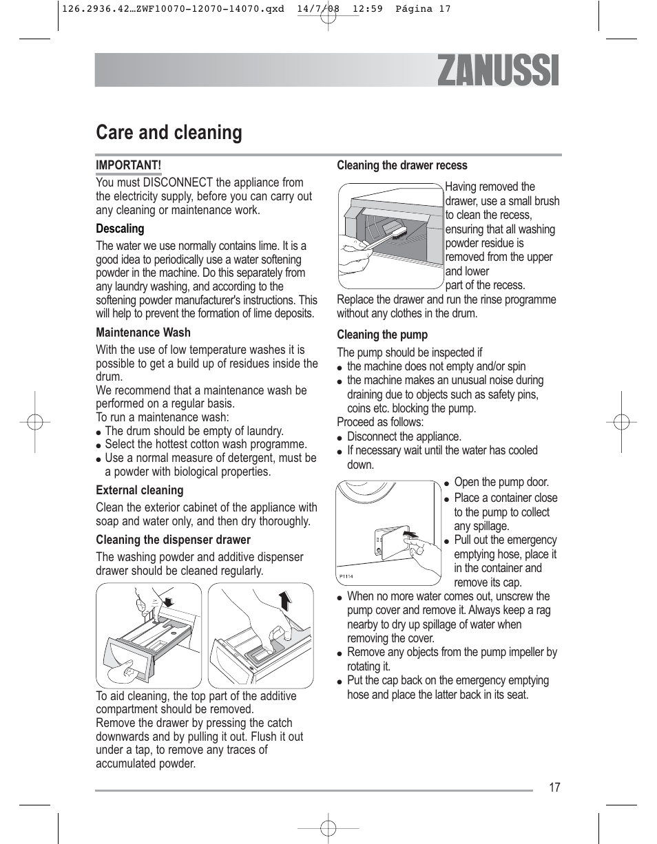 Care and cleaning | Zanussi ZWF 14070W1 User Manual | Page 17 / 32