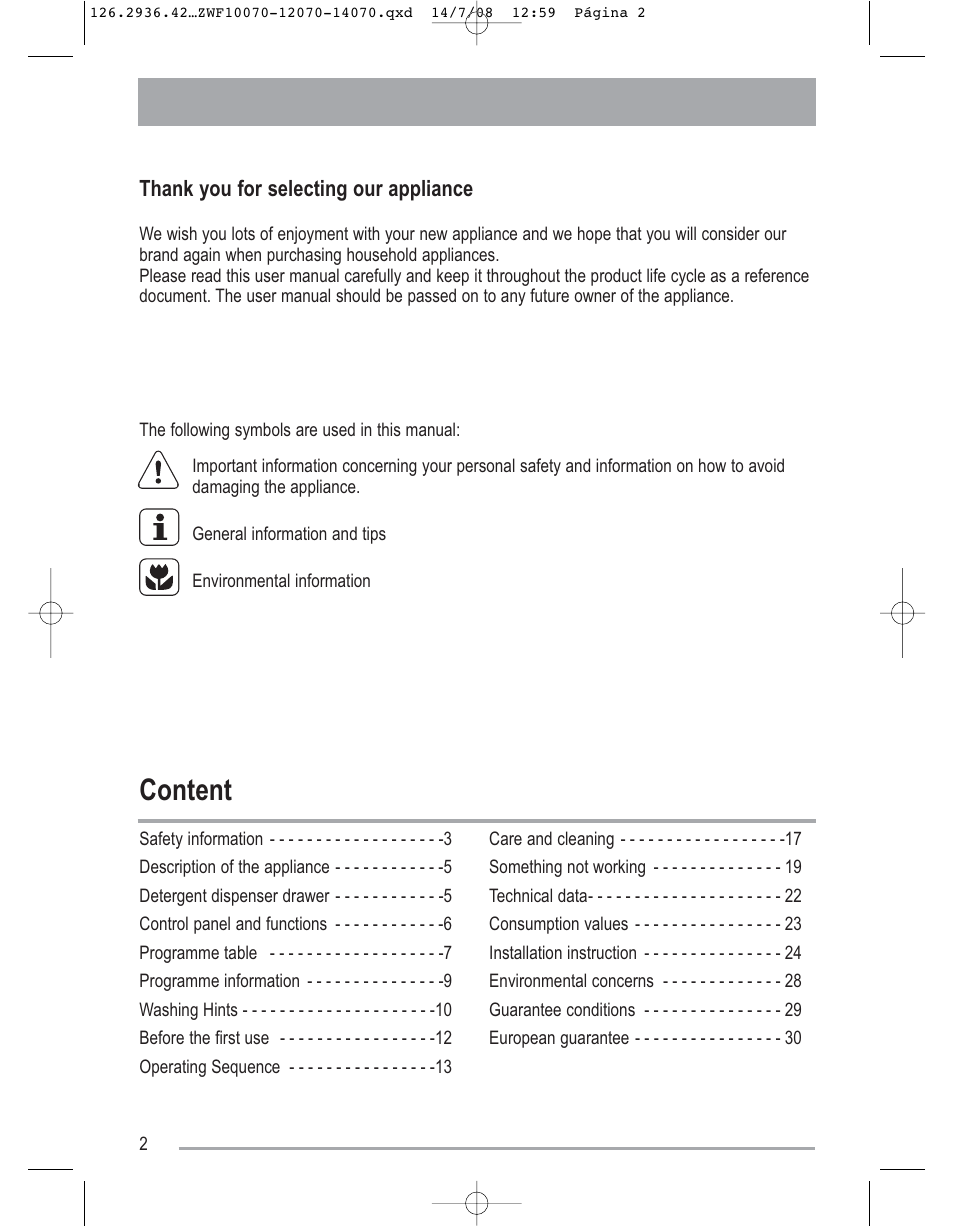 Content | Zanussi ZWF 14070W1 User Manual | Page 2 / 32