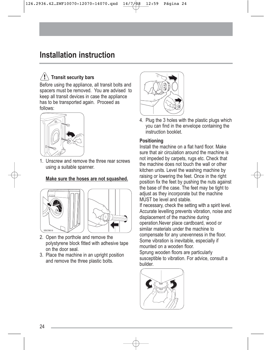 Installation instruction | Zanussi ZWF 14070W1 User Manual | Page 24 / 32