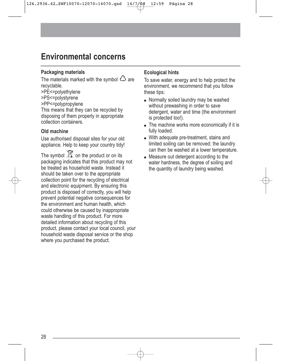 Environmental concerns | Zanussi ZWF 14070W1 User Manual | Page 28 / 32