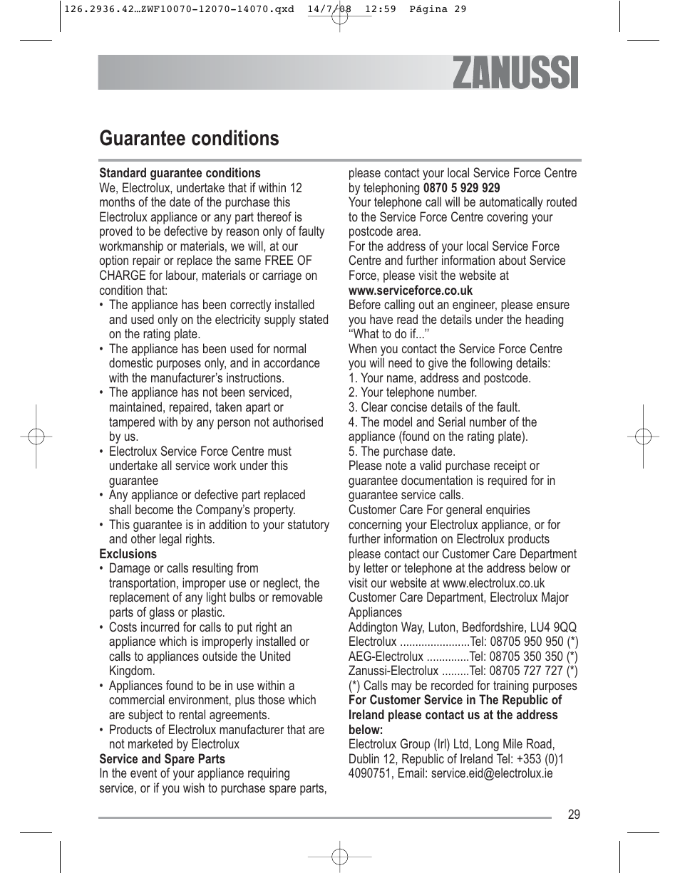 Guarantee conditions | Zanussi ZWF 14070W1 User Manual | Page 29 / 32