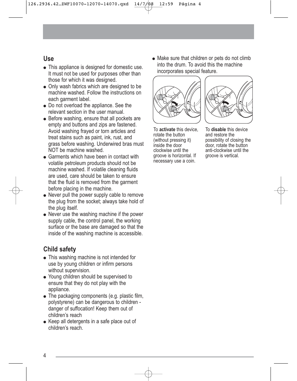 Child safety | Zanussi ZWF 14070W1 User Manual | Page 4 / 32