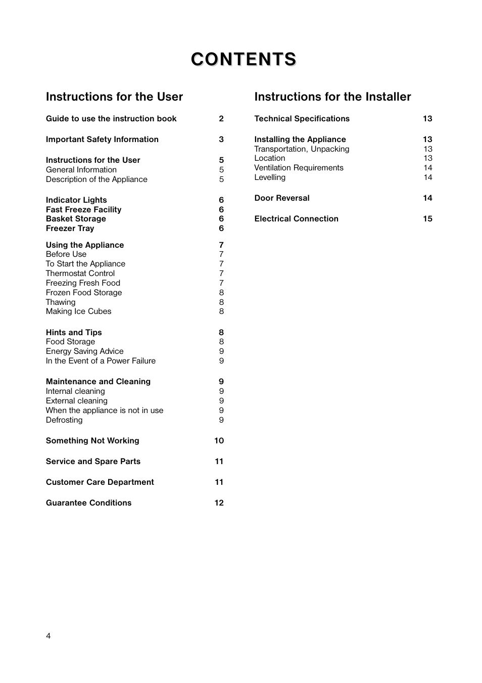 Content ontent s s, Instructions for the user, Instructions for the installer | Zanussi ZUT 6246 User Manual | Page 4 / 16