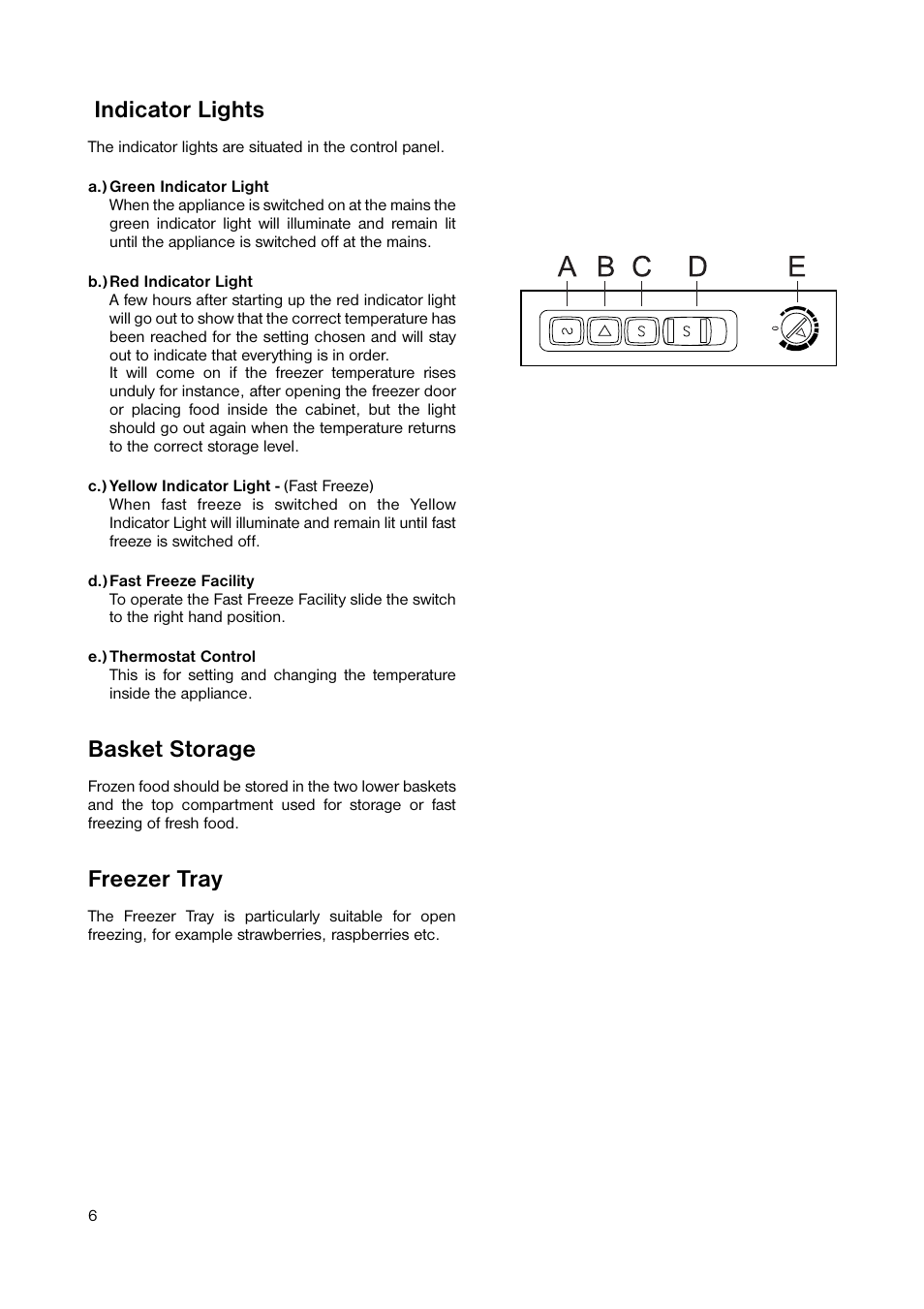 Indicator lights, Basket storage, Freezer tray | Zanussi ZUT 6246 User Manual | Page 6 / 16