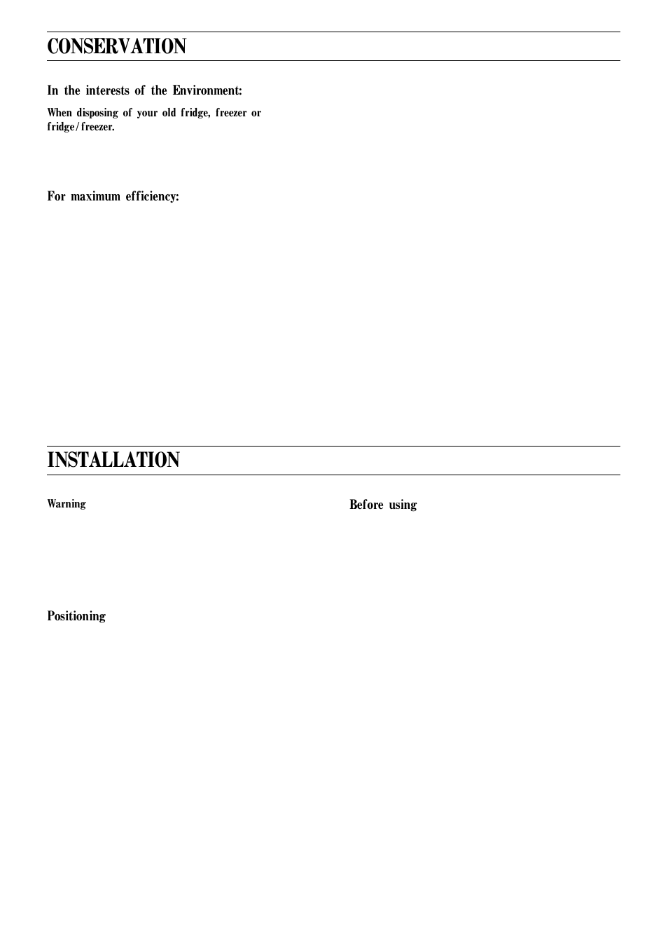 Conservation, Installation | Zanussi ZEC 30 User Manual | Page 4 / 15