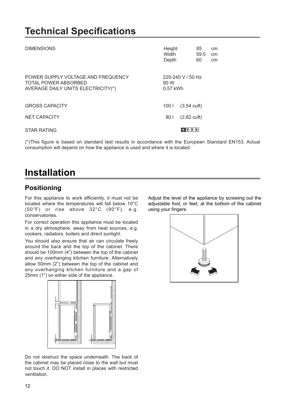 Technical specifications installation, Positioning | Zanussi ZEF 90 W User Manual | Page 12 / 16