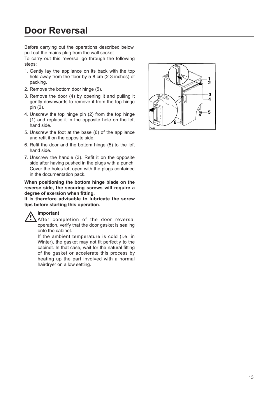 Door reversal | Zanussi ZEF 90 W User Manual | Page 13 / 16