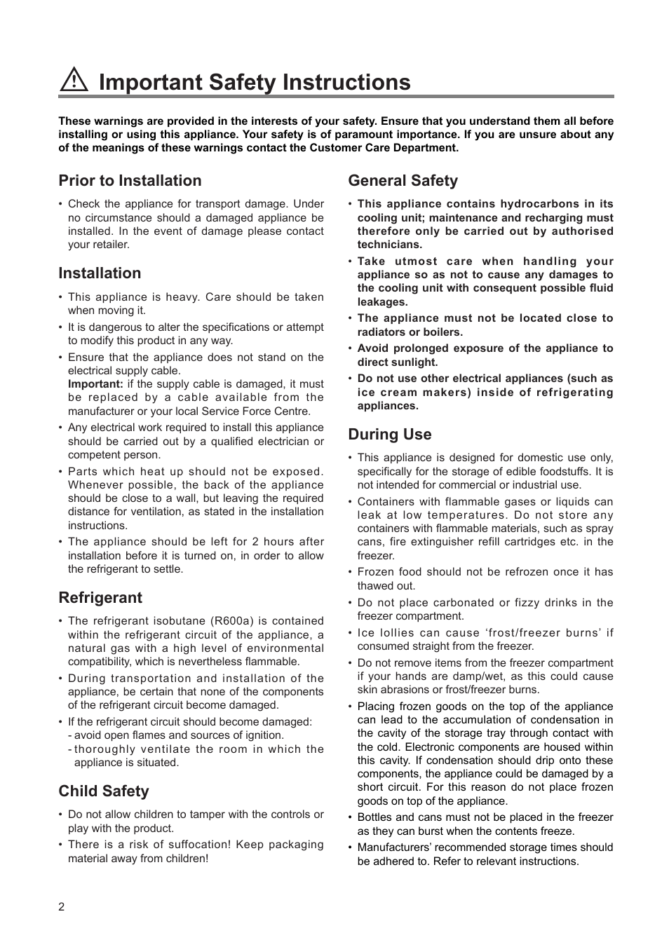 Important safety instructions, General safety, During use | Prior to installation, Installation, Refrigerant, Child safety | Zanussi ZEF 90 W User Manual | Page 2 / 16
