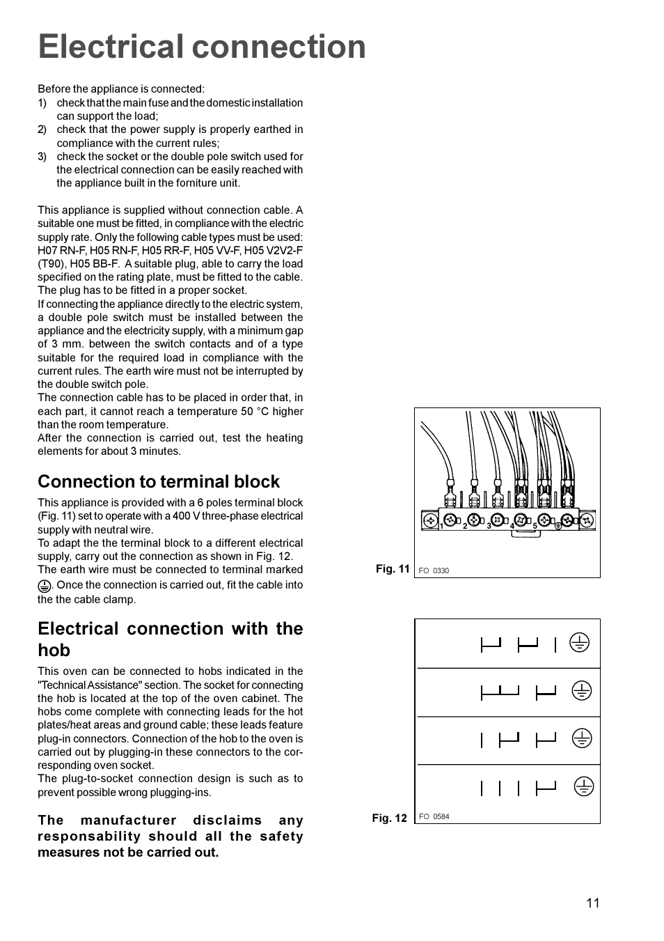 Electrical connection, Connection to terminal block, Electrical connection with the hob | Zanussi ZOU 661 User Manual | Page 11 / 12