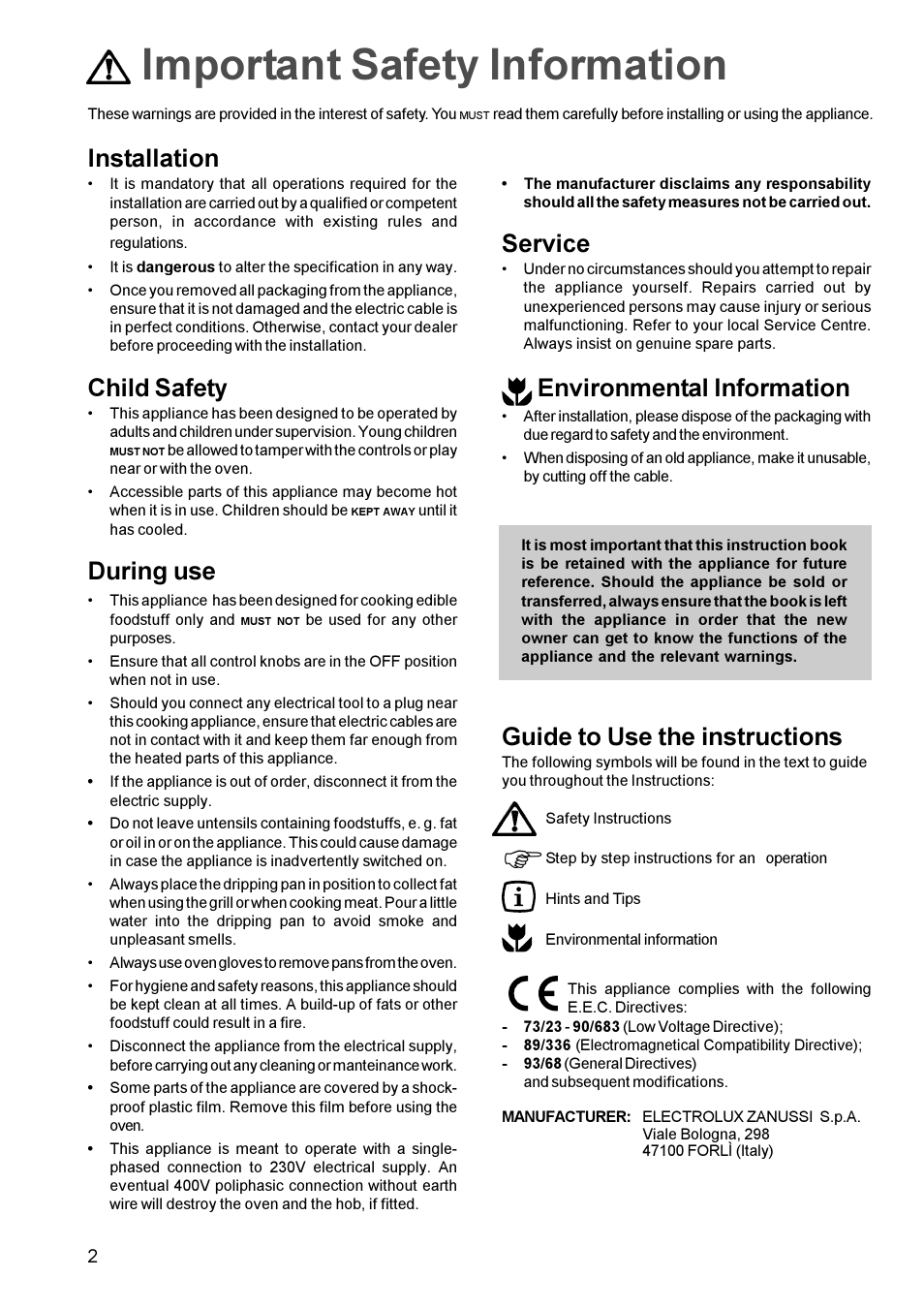 Important safety information, Guide to use the instructions, Installation | Child safety, During use, Service, Environmental information | Zanussi ZOU 661 User Manual | Page 2 / 12