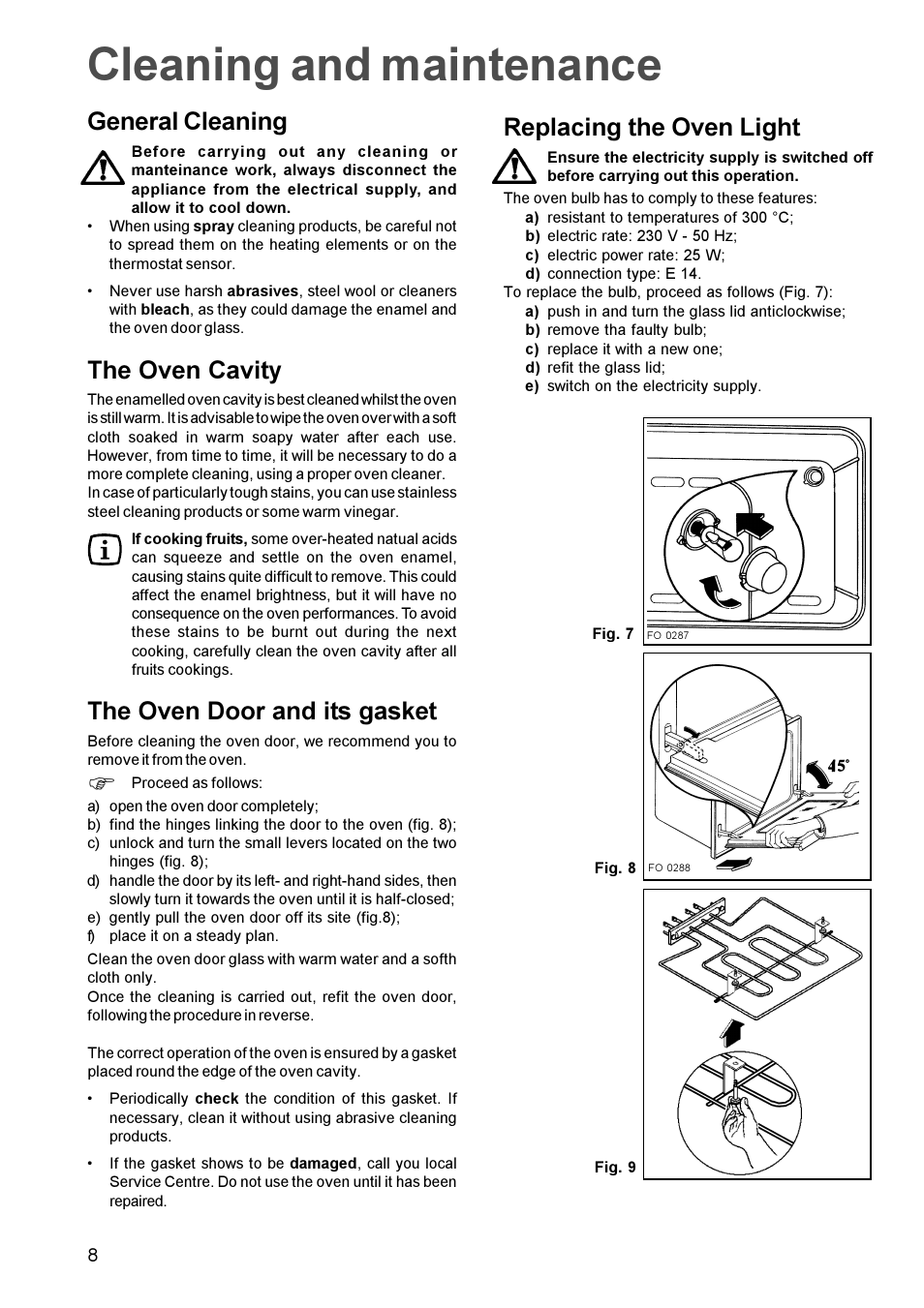 Cleaning and maintenance, Replacing the oven light, General cleaning | The oven cavity, The oven door and its gasket | Zanussi ZOU 661 User Manual | Page 8 / 12