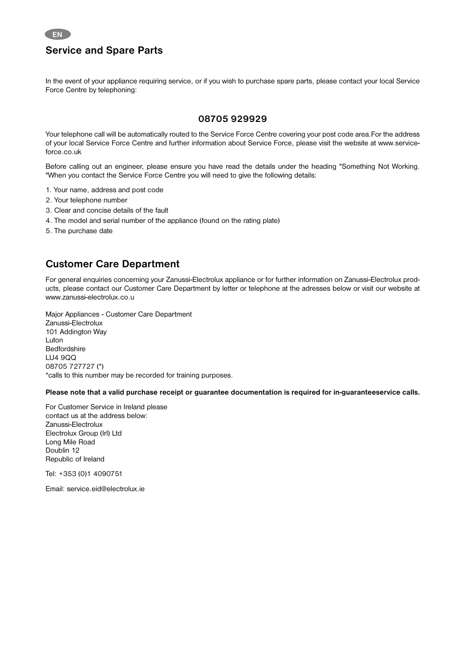 Service and spare parts, Customer care department | Zanussi U30456 ZFC 21 JC User Manual | Page 6 / 8