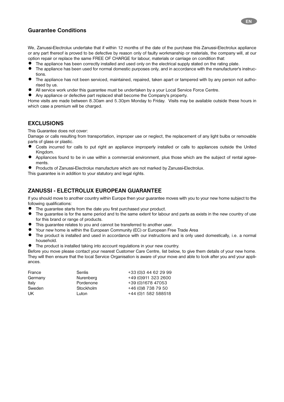 Guarantee conditions, Exclusions, Zanussi - electrolux european guarantee | Zanussi U30456 ZFC 21 JC User Manual | Page 7 / 8