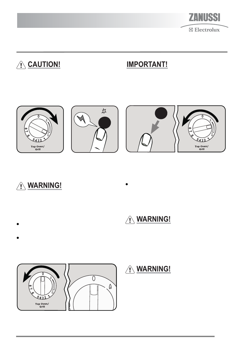 The grill, Using the grill, Caution | Important, Warning | Zanussi ZKG5540 User Manual | Page 15 / 44