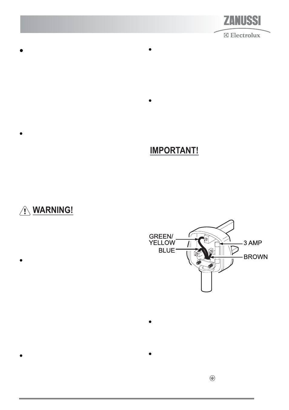 Leveling the appliance, Connecting to electricity supply, If the fitted plug is removed | Warning, Important | Zanussi ZKG5540 User Manual | Page 37 / 44