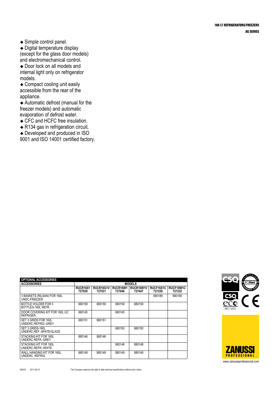 Zanussi, Simple control panel, Cfc and hcfc free insulation | R134 gas in refrigeration circuit | Zanussi 726588 User Manual | Page 2 / 5